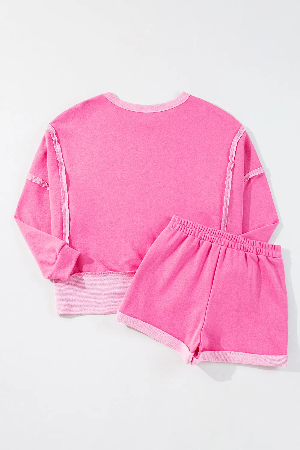 Sachet Pink High Low Patchwork Long Sleeve Top and Shorts Set