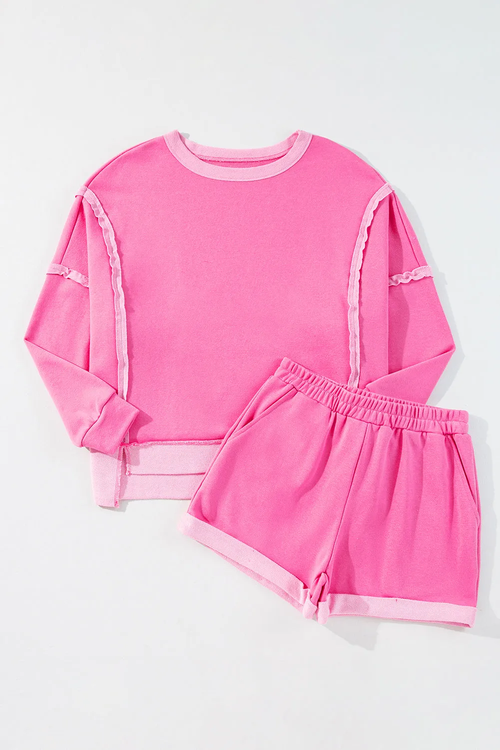 Sachet Pink High Low Patchwork Long Sleeve Top and Shorts Set