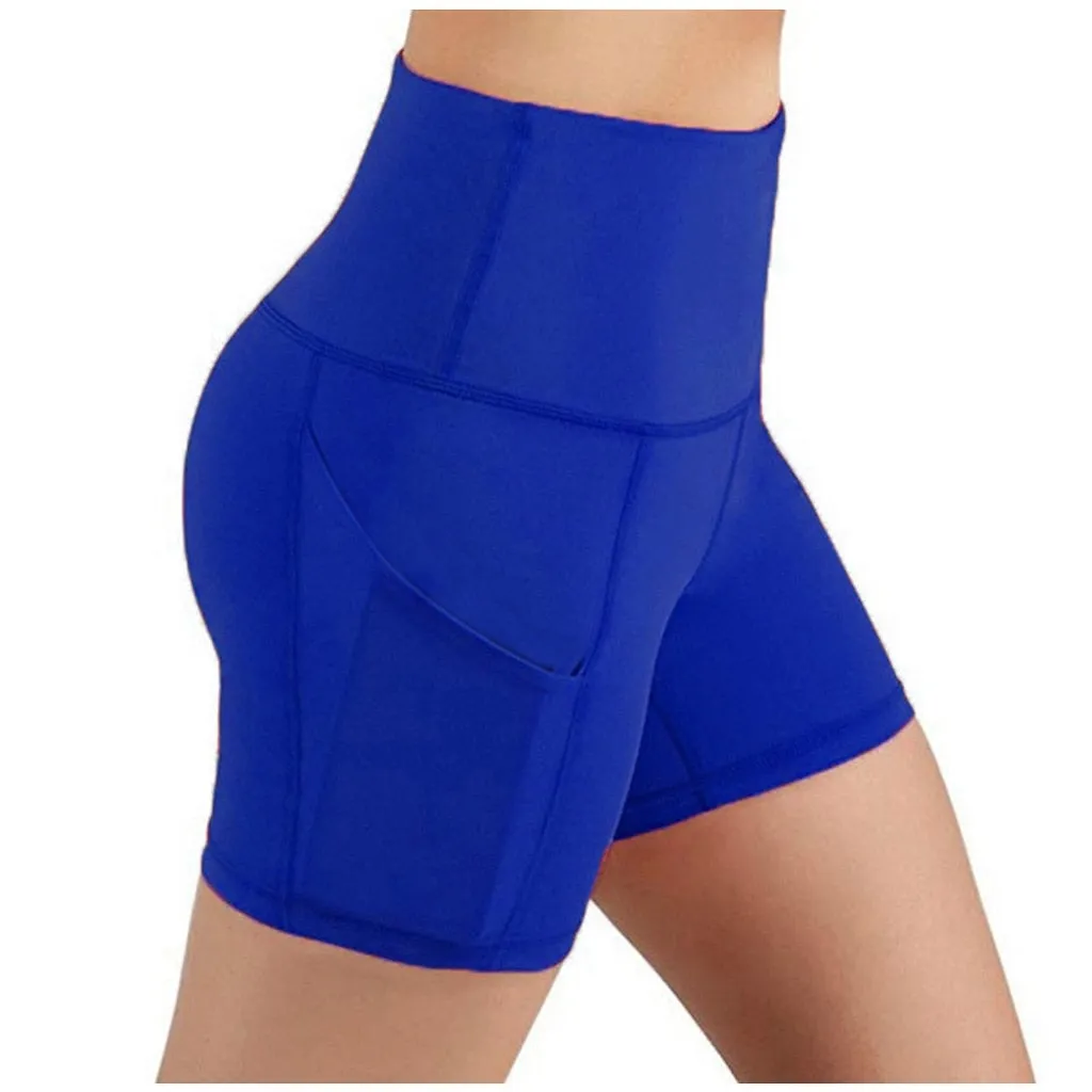 Slim Solid Shaper sport women shorts Pocket High-waist Hip Stretch biker short Running Fitness Athletic Casual Skinny Short