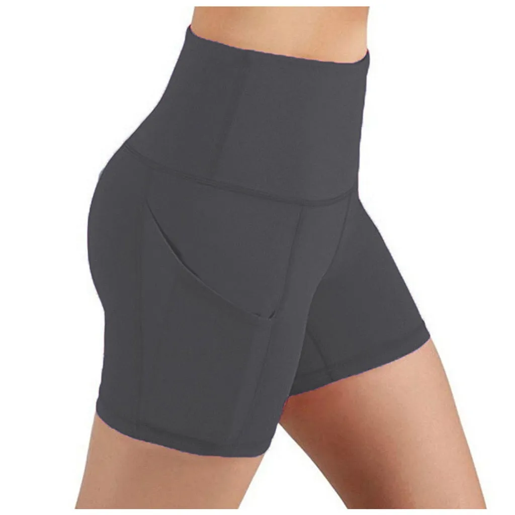 Slim Solid Shaper sport women shorts Pocket High-waist Hip Stretch biker short Running Fitness Athletic Casual Skinny Short