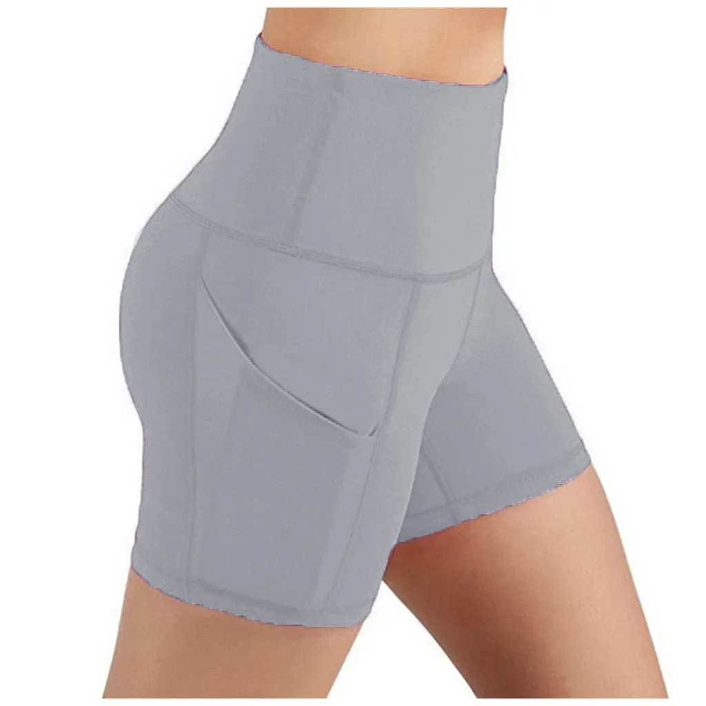 Slim Solid Shaper sport women shorts Pocket High-waist Hip Stretch biker short Running Fitness Athletic Casual Skinny Short