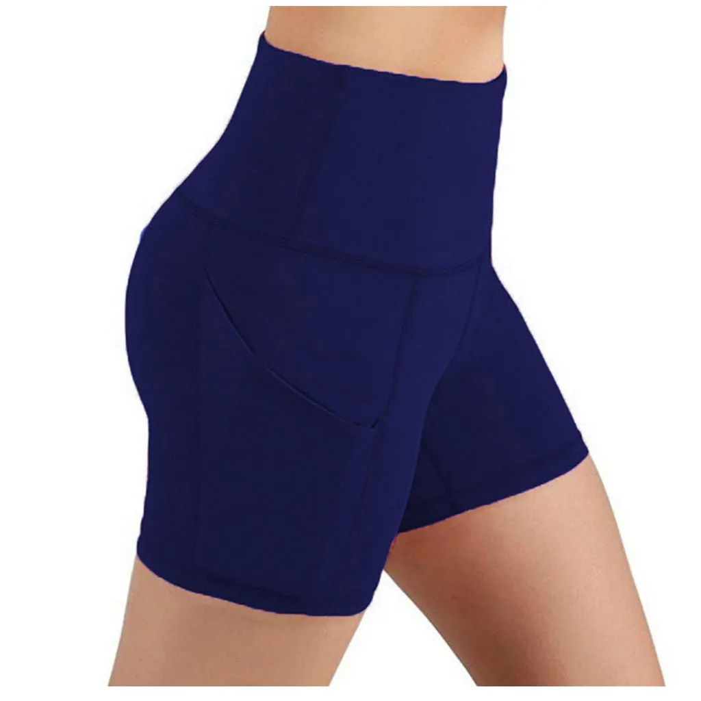 Slim Solid Shaper sport women shorts Pocket High-waist Hip Stretch biker short Running Fitness Athletic Casual Skinny Short