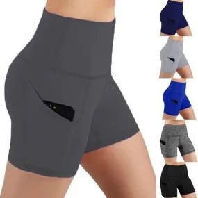 Slim Solid Shaper sport women shorts Pocket High-waist Hip Stretch biker short Running Fitness Athletic Casual Skinny Short