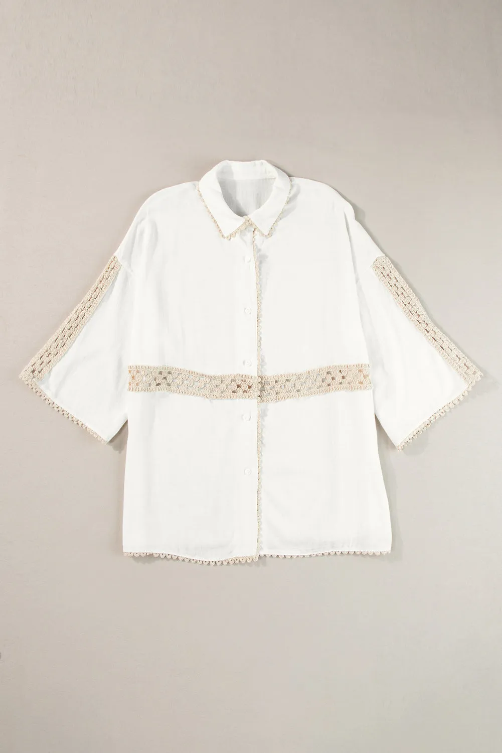 White Crochet Patchwork Half Sleeve Scallop Edge Shirt