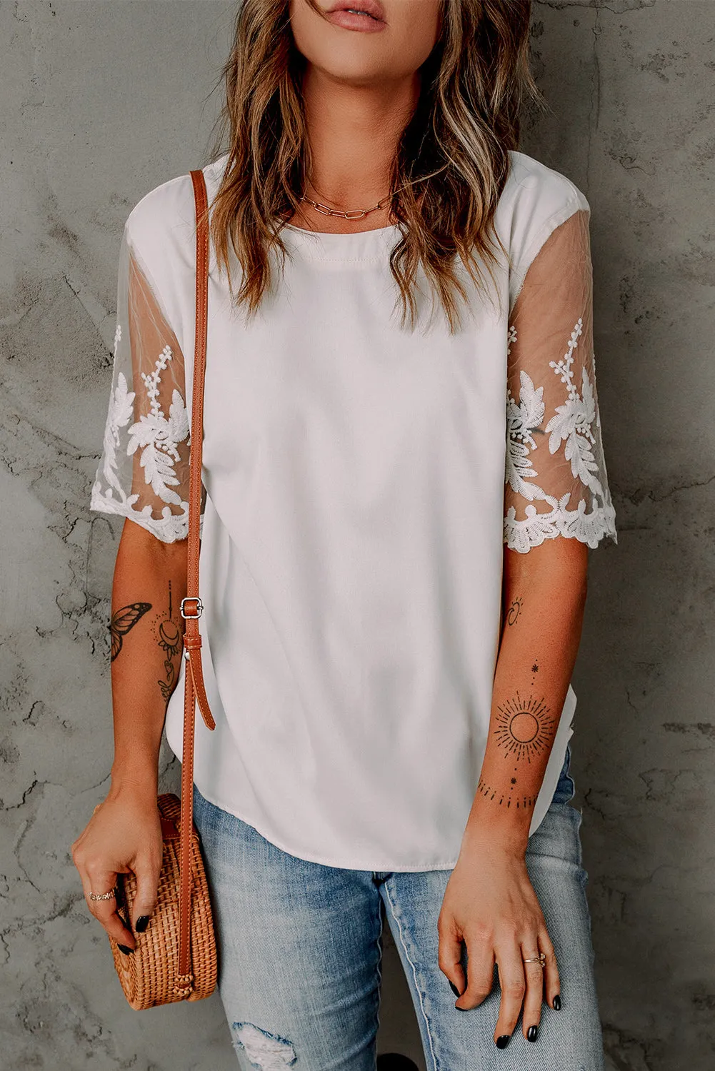 White Floral Lace Sleeve Patchwork Top