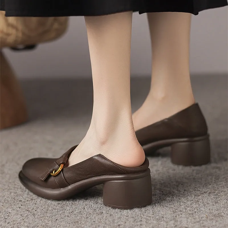 Women's Handmade Retro Round-Toe Block-Heel Pumps in Black/Brown